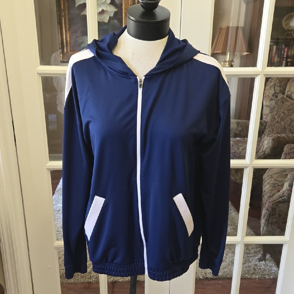 ZELOS Navy Blue White Full Zip Jacket Hoodie 2 Pockets Stretch Size Medium EUC